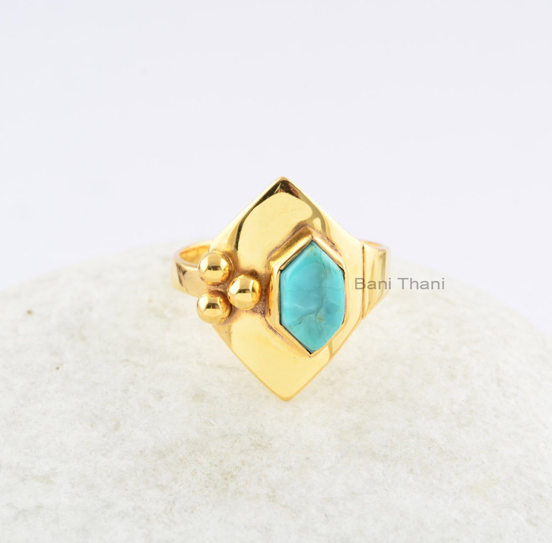 Arizona Turquoise BIG Ring アリゾナ直輸入！ Arizona Turquoise Hexagon 5x9mm Gemstone Ring-handmade Ring-18k