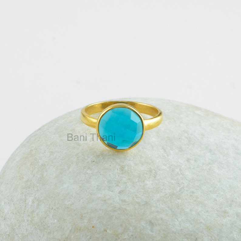Aqua Chalcedony 10mm Round Faceted 925 Sterling Silver Plated Bezel Ring