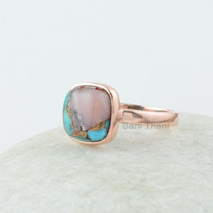 Turquoise Ring 925 Silver Pink Opal Copper Turquoise Cushion Ring Rose Gold Plated Ring Sterling Silver Ring, Mojave Turquoise Ring image 6