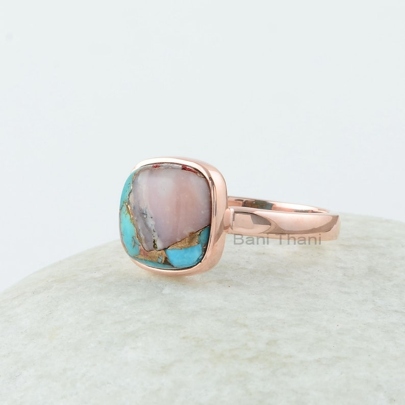 Turquoise Ring 925 Silver Pink Opal Copper Turquoise Cushion Ring Rose Gold Plated Ring Sterling Silver Ring, Mojave Turquoise Ring image 6