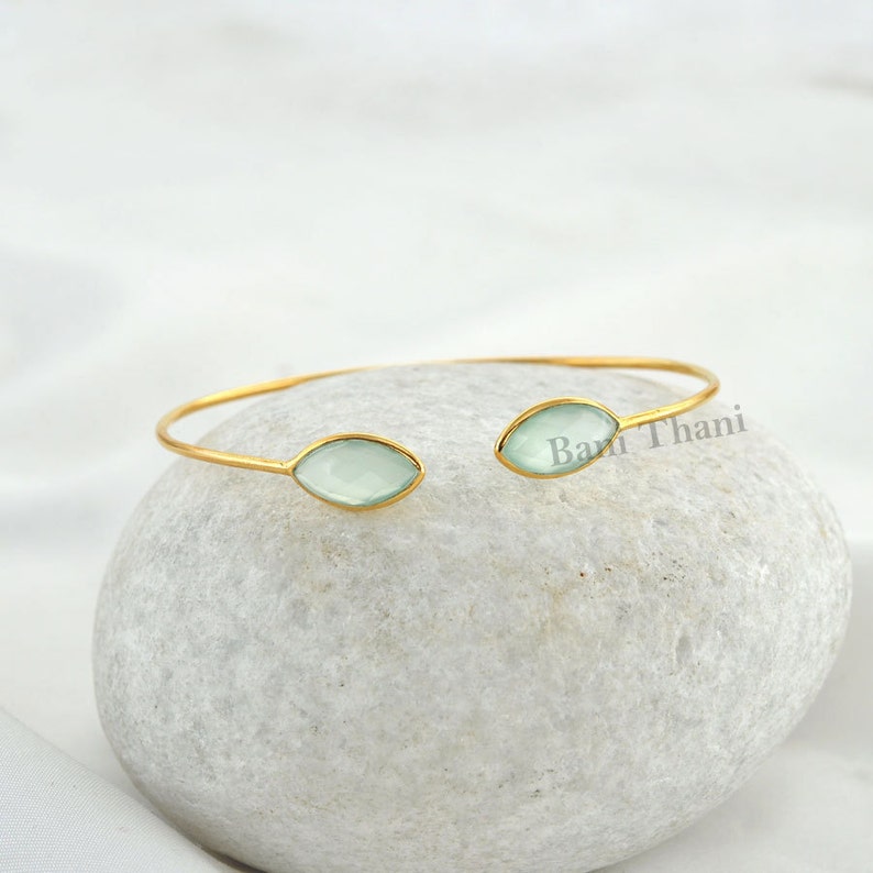 Aqua Chalcedony Faceted Marquise Gemstone Bracelet Micron Gold Plated Sterling Silver Bangle 7x14mm #1420