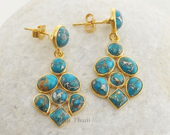 Cobre azul turquesa hermoso diseñador hecho a mano Micron chapado en oro 925 plata esterlina pendiente - # 1463