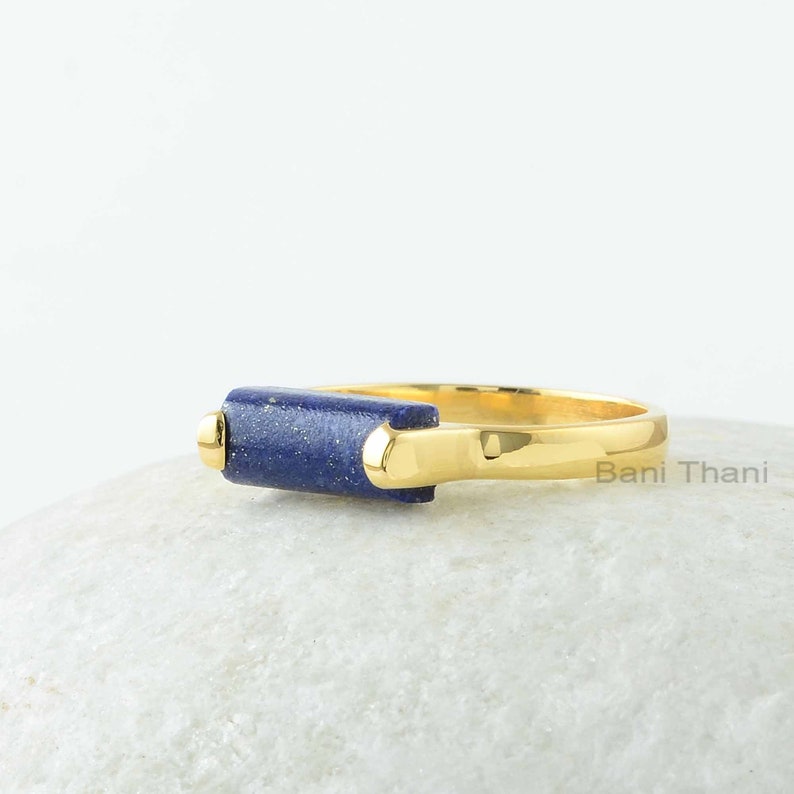 Lapis Lazuli Ring Sterling Silver Gold Plated 5x11mm Long Rounded Rectangle Jewelry Manufacture Jewelry for Friend Gift for Wife image 5