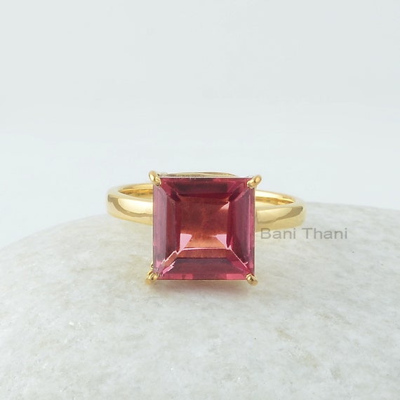 Pink Tourmaline Prong Set Ring, Pink Tourmaline Quartz 10 mm Square 925 Sterling Silver Ring, Gold Plated Ring,Tourmaline Ring, Wedding Ring