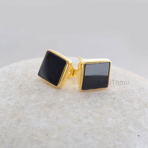 Örhängen i svart onyx - Ädelstensörhängen - Sterling - 9 mm platt fyrkantig - Eleganta smycken - Smycken för älskare - Gåva till student