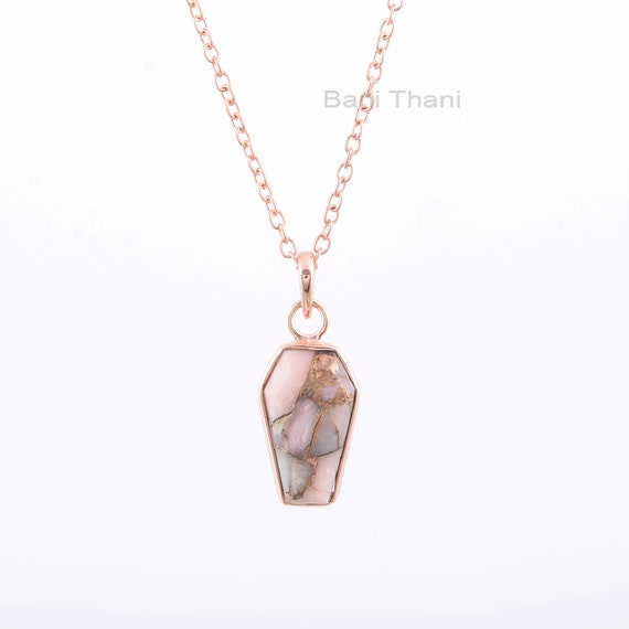 Pink Opal Copper 10x17mm Coffin Shape Gemstone Necklace, Rose Gold Plated Handmade 925 Silver Necklace, Gorgeous Necklace Gift For Women's
