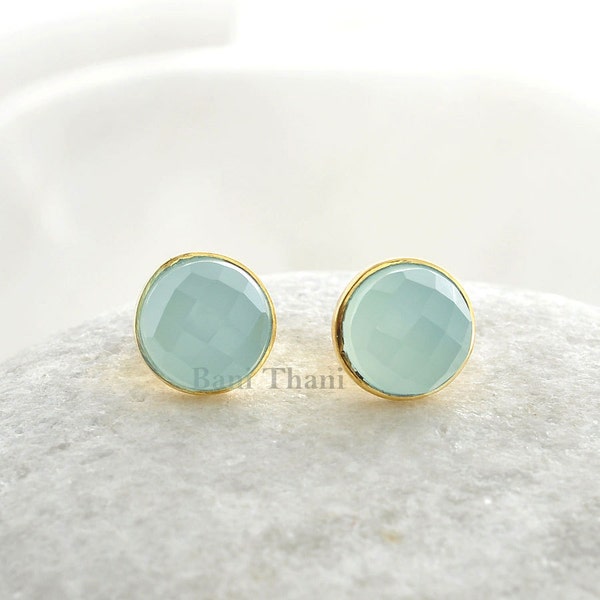 Aqua Chalcedony Earrings, Aqua Chalcedony 9mm Round Faceted 18k Gold Plated 925 Sterling Silver Stud Earrings, Engagement Gift For Her