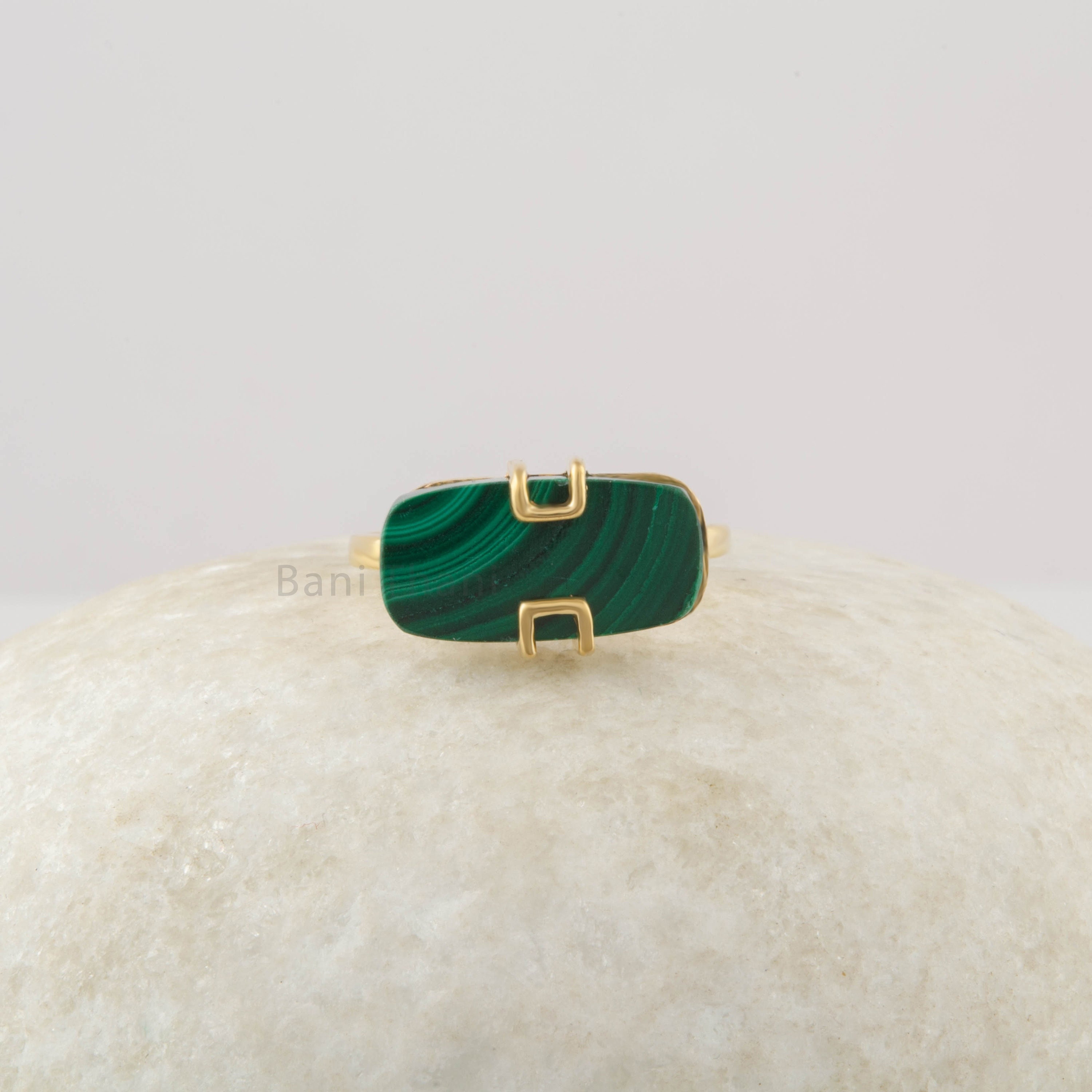 Malachite Gemstone Flat  8x16mm Cushion Sterling Silver Ring - Statement Ring - 18k Gold Plated Handcrafted Ring - Christmas Gift for Mother