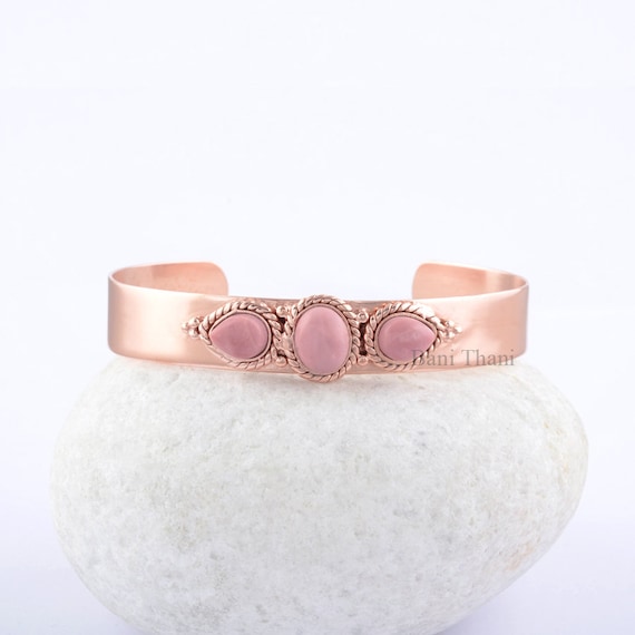 Pink Opal Gold Filled  Rose Gold Cuff Bangle, Three Stone Cuff bangle, Adjustable Bracelet 925 Gold Filled Silver Rose Gold Jewelry- #SB1130