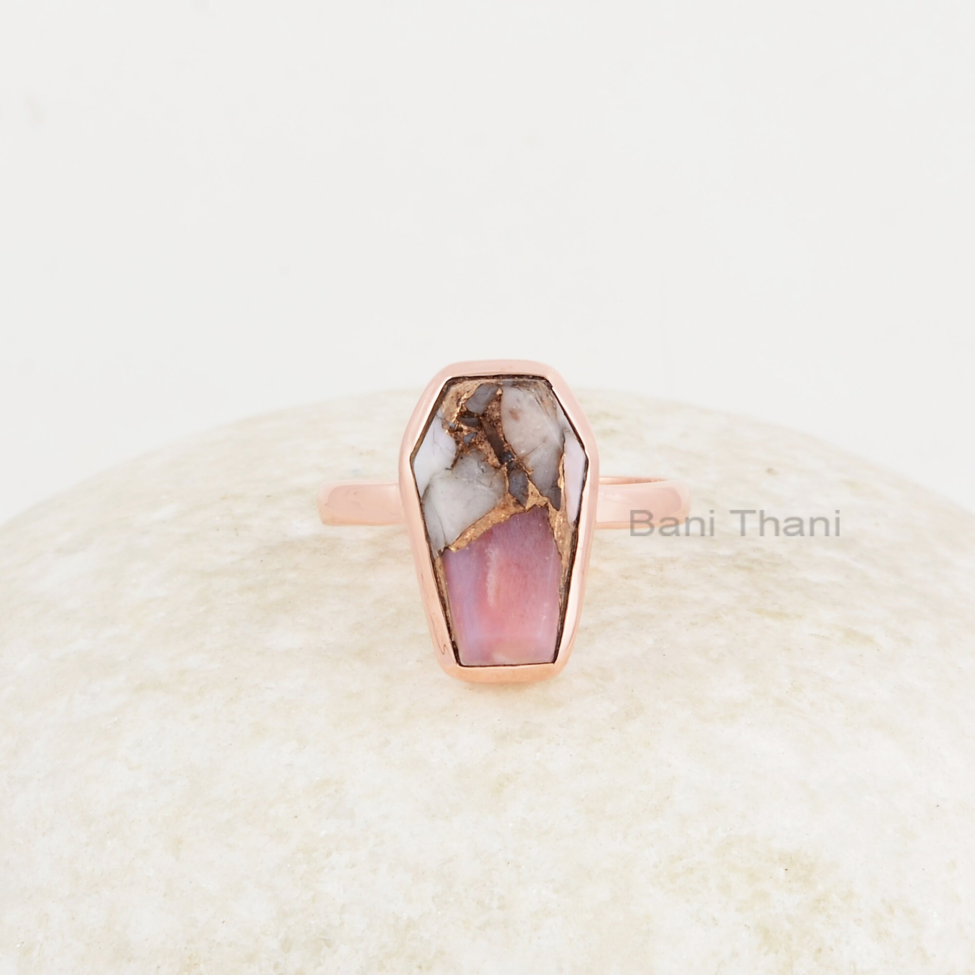 Pink Opal Copper Ring - 925 Sterling Silver - Rose Gold Plated Ring - 9x15mm Coffin -Matching Jewelry - Jewelry for Her - Gift for Young Mom
