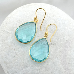 Aqua Quartz Faceted Pear Gemstone Earrings Gold Plated 925 Sterling Silver Earrings, 16x22mm - #1497