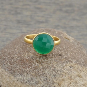 Green Onyx Vintage Ring, Green Onyx  10mm Round Gemstone Silver Bezel Ring, 925 Silver Gold Plated Statement Ring, Green Onyx Cocktail Ring
