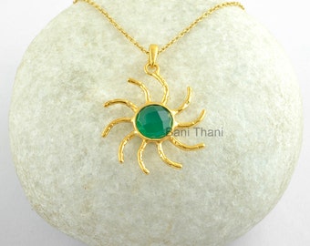 Sun Pendant Necklace-Green Onyx 9mm Round Gemstone Necklace-Micron Gold Plated 925 Sterling Silver Necklace-Delicate Necklace-Christmas Gift