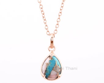 Halskette mit rosa Opal und Türkis – Edelsteinkette – 10 x 14 mm, birnenförmig gefasst – Trendschmuck – Geschenkidee für Sie – Schmuck zu verkaufen