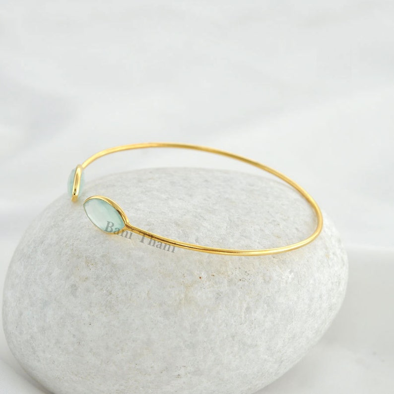 Aqua Chalcedony Faceted Marquise Gemstone Bracelet Micron Gold Plated Sterling Silver Bangle 7x14mm #1420