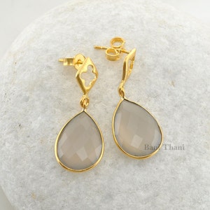 Handmade Designer Earring-Grey Chalcedony 12x16mm Pear Gemstone Drop Earrings-Gold Plated 925 Sterling Silver Earring-Christmas Gift Earring