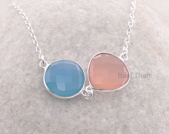 Pink Chalcedony Heart Gemstone - Blue Chalcedony Necklace - Personalized Necklace Jewelry - 925 Sterling Silver Necklace - Gift for Women