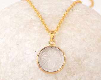 Flower Necklace Hand Carved Crystal Stone Pendant Necklace For Women, Gemstone 925 Sterling Silver 18k Gold Plated Necklace For Christmas