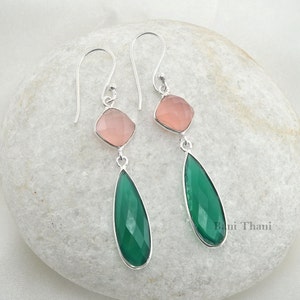 Genuine Pink Chalcedony and Green Onyx Long Pear Gemstone 925 Sterling Dangle Earring - #1476 image 4