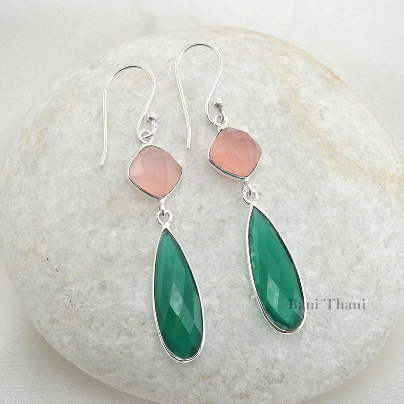 Genuine Pink Chalcedony and Green Onyx Long Pear Gemstone 925 Sterling Dangle Earring - #1476 image 4