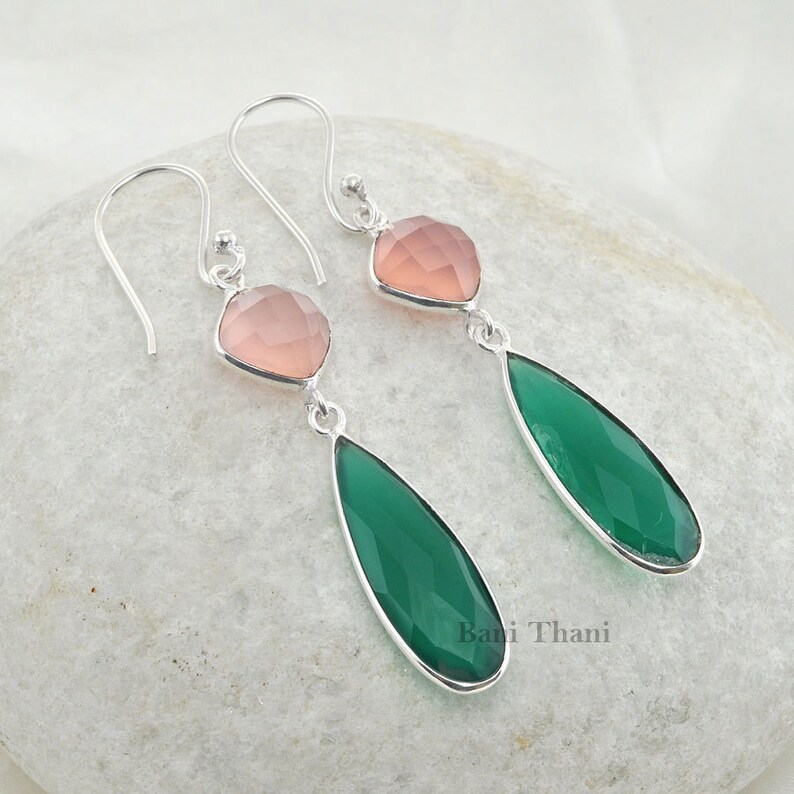Genuine Pink Chalcedony and Green Onyx Long Pear Gemstone 925 Sterling Dangle Earring - #1476 image 1