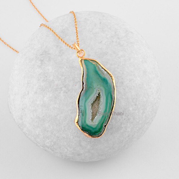 Slice Agate Druzy Pendant - Gemstone Pendant Necklace - Micron Gold Plated 925 Sterling Silver Necklace #6604