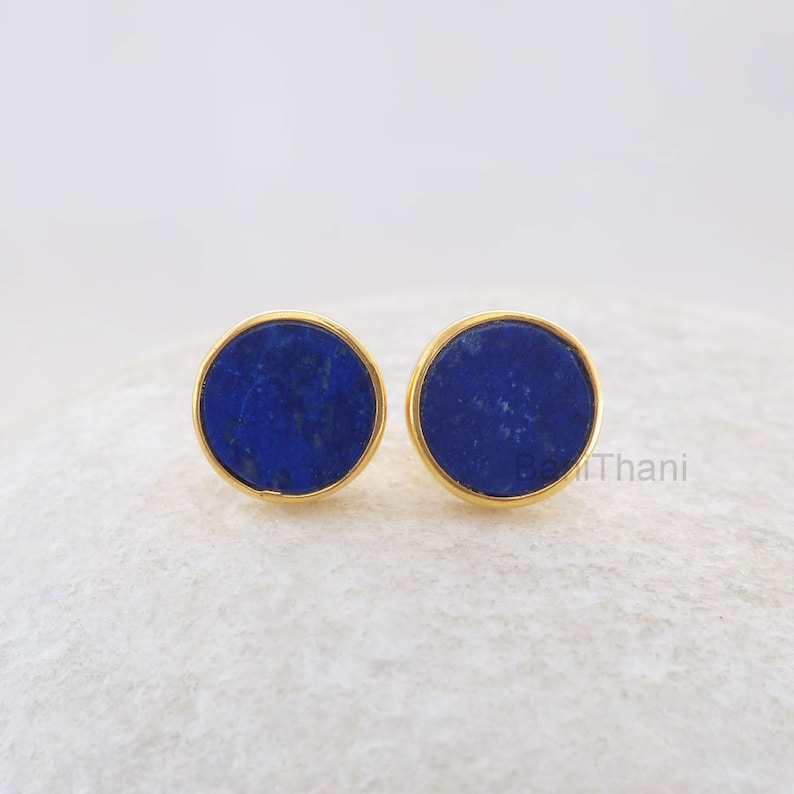 Lapis Lazuli Stud Earrings 925 Pure Silver Handcrafted Studs 9mm Flat Round Fashion Jewelry Gift For Old Women Jewelry For Lady image 1