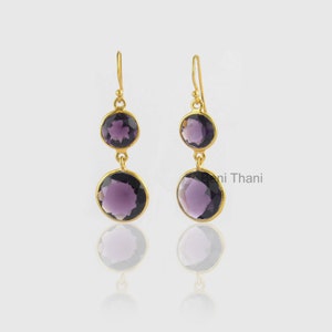 Orecchini pendenti con ametista viola - Orecchini con quarzo ametista viola rotondo sfaccettato da 14 mm e 10 mm placcati in oro - #1575 immagine 1