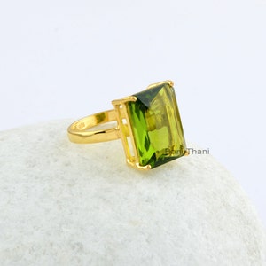 Beautiful Peridot Quartz Rectangle Gemstone Prong Set Ring - 925 Gold Filled Gold Plated Ring - Birthday Gift Ring - Christmas Gift Ring image 2