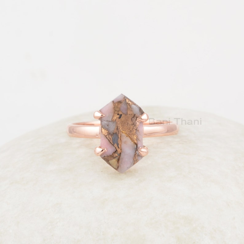 Opal Ring - Pink Opal Copper 8x15mm Hexagon - Gemstone Ring - 925 Sterling Silver - Rose Gold Plated - Gift For Women - Ring for Sale 