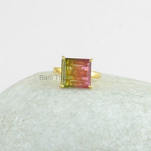 Prong Set Gemstone Ring, Tourmaline melon d'eau Quart Quartz Square Square Bague, Plaqué Or 925 Sterling Silver Ring # 1181