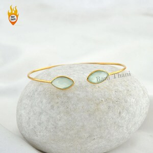 Aqua Chalcedony Faceted Marquise Gemstone Bracelet Micron Gold Plated Sterling Silver Bangle 7x14mm #1420