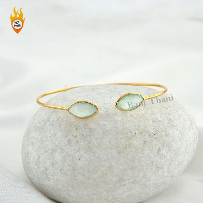 Aqua Chalcedony Faceted Marquise Gemstone Bracelet Micron Gold Plated Sterling Silver Bangle 7x14mm #1420