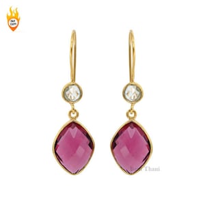 Pink Tourmaline Quartz and Crystal Quartz Sterling Silver Gold Plated Earring - #1589