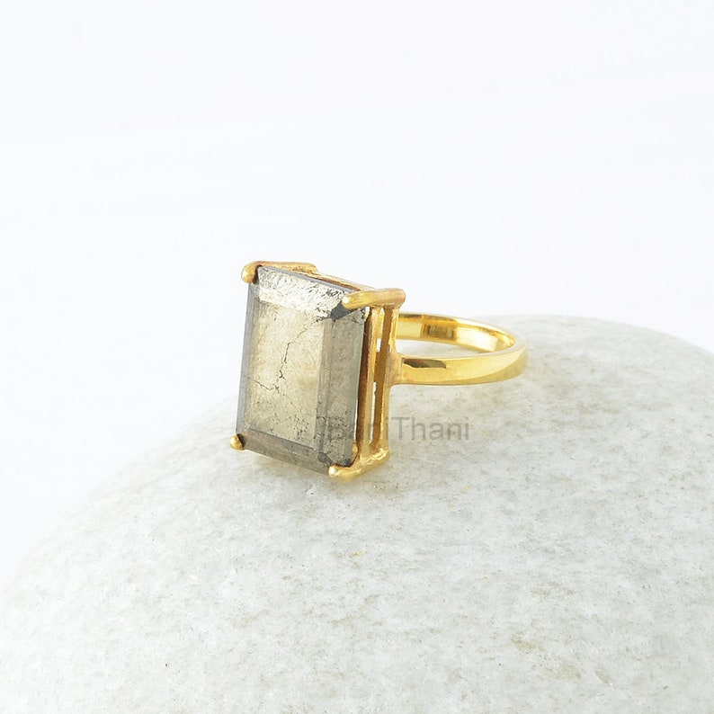 Pirite Silver Ring, Pyrite 12x16mm Rectangle Gemstone Prong Set Ring, Sterling Silver Ring, 18k Gold Plated Ring, Engagement Gift For Women immagine 4