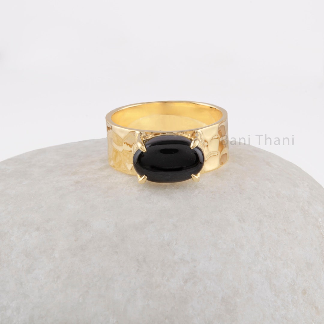 Black Onyx Band Ring Pure Silver Handcrafted Gemstone Ring 18k Gold