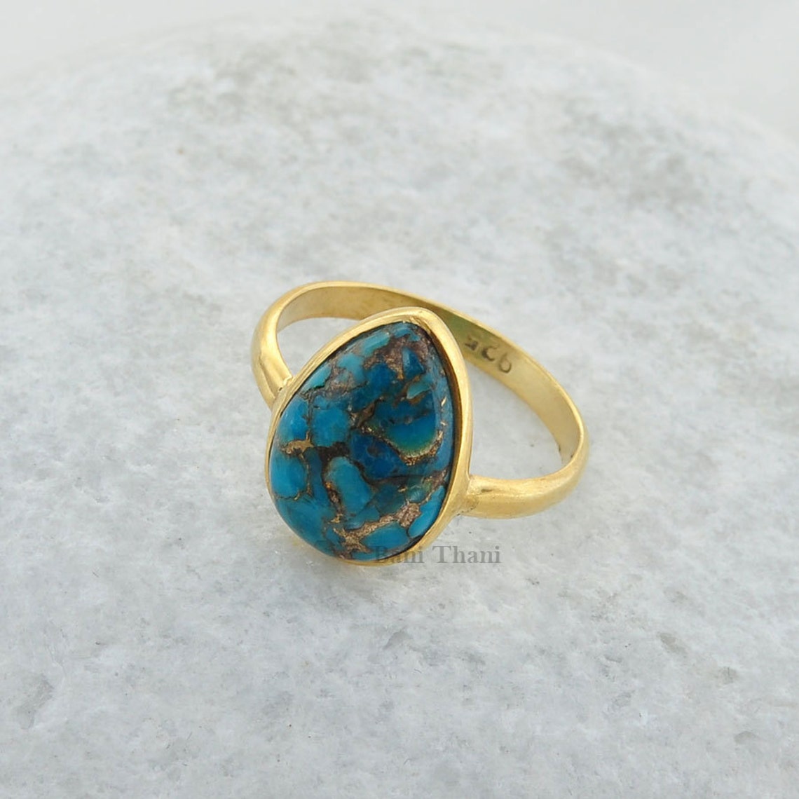 Copper Blue Turquoise Pear 10x14mm Gemstone Ring Micron Gold Etsy