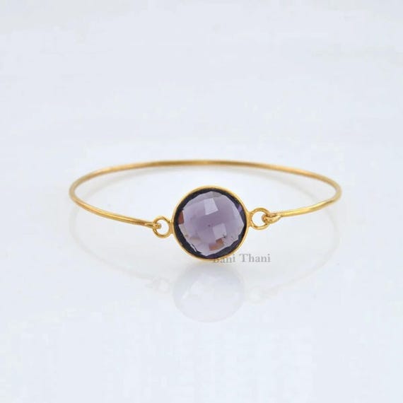Amethyst Bracelet, Amethyst Quartz 15mm Round Gemstone Bangle, 925  Bracelet, 18k Gold Plated Quartz Bangle, Purple Stone Bracelet