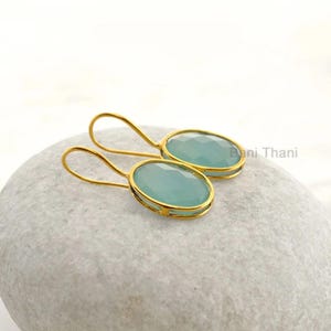 Beautiful Aqua Chalcedony 13x18mm Oval Faceted Gemstone Drop Earrings, Micron Gold Plated 925 Sterling Silver Earrings, Wedding Gift Earring