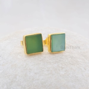 Stud Earring, Handmade Stud, Natural Green Chrysoprase Square 9mm Flat Stud Gold Plated 925 Sterling Silver Earring Jewelry , Valentines day