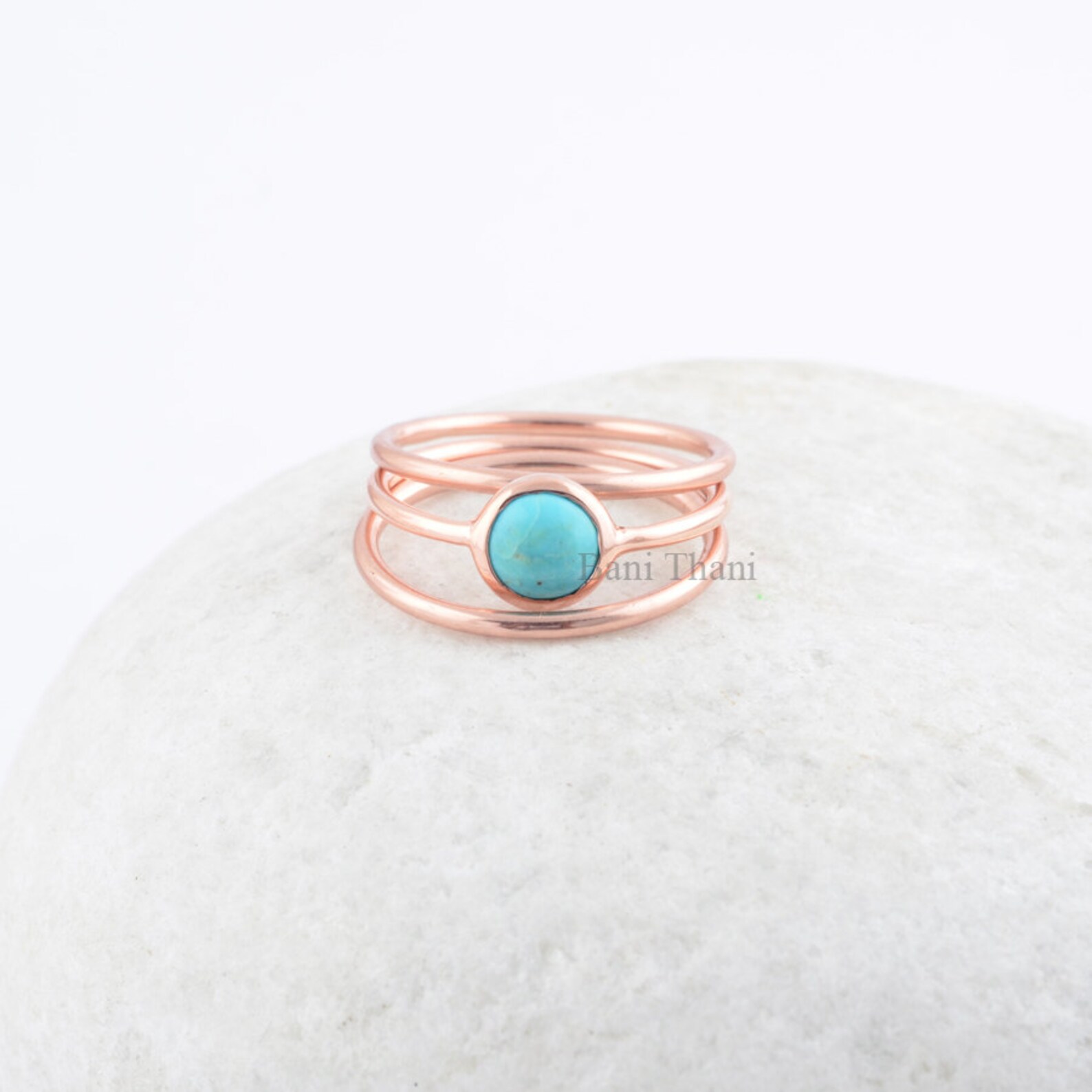 Stackable Tiny Blue Turquoise Round Ring With Two Plain Sterling Silver ...