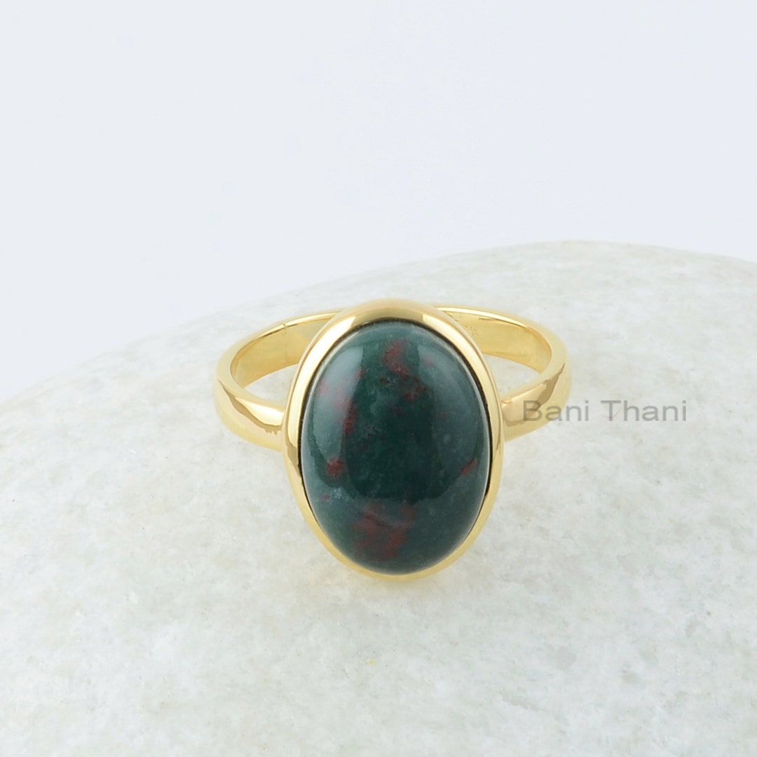 Bloodstone Silver Ring, Bloodstone 10x14mm Oval Gemstone Silver Ring, 18k Gold Plated Ring, Gift For Her, Gemstone Silver Bezel Rings