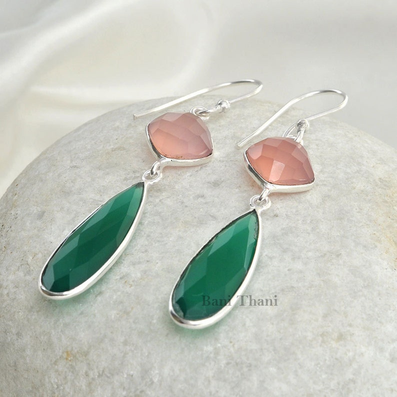 Genuine Pink Chalcedony and Green Onyx Long Pear Gemstone 925 Sterling Dangle Earring - #1476 image 2