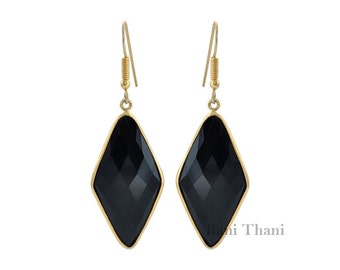 Schöne schwarze Onyx Diamant Form 15x32mm Edelstein Tropfen Ohrringe, Micron Vergoldete 925 Sterling Silber Ohrringe, Weihnachtsgeschenk Ohrringe
