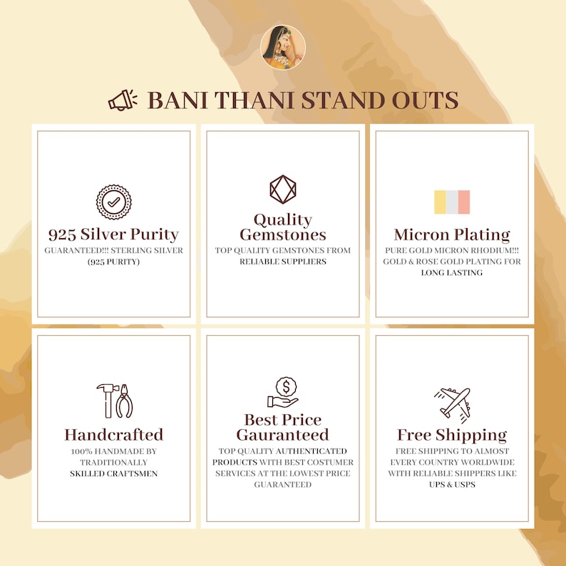 May include: A graphic with nine squares, each highlighting a different benefit of shopping at Bani Thani. The benefits include 925 silver purity, quality gemstones, micron plating, handcrafted, best price guaranteed, and free shipping.