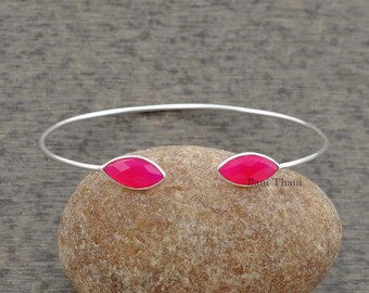 Hot Pink Chalcedony 7x15mm Beautiful Marquise Faceted 925 Sterling Silver Bangle - #1329