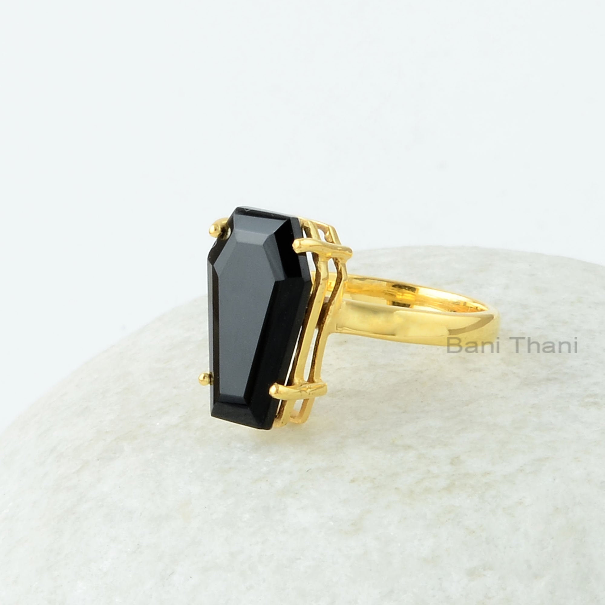 Black Onyx Ring - 925 Sterling Silver - Black Onyx 10x17mm Coffin Ring - Gold Plated - Handmade Ring - Birthstone Jewelry - Gift for Womens