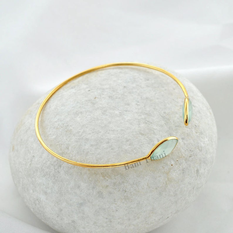 Aqua Chalcedony Faceted Marquise Gemstone Bracelet Micron Gold Plated Sterling Silver Bangle 7x14mm #1420