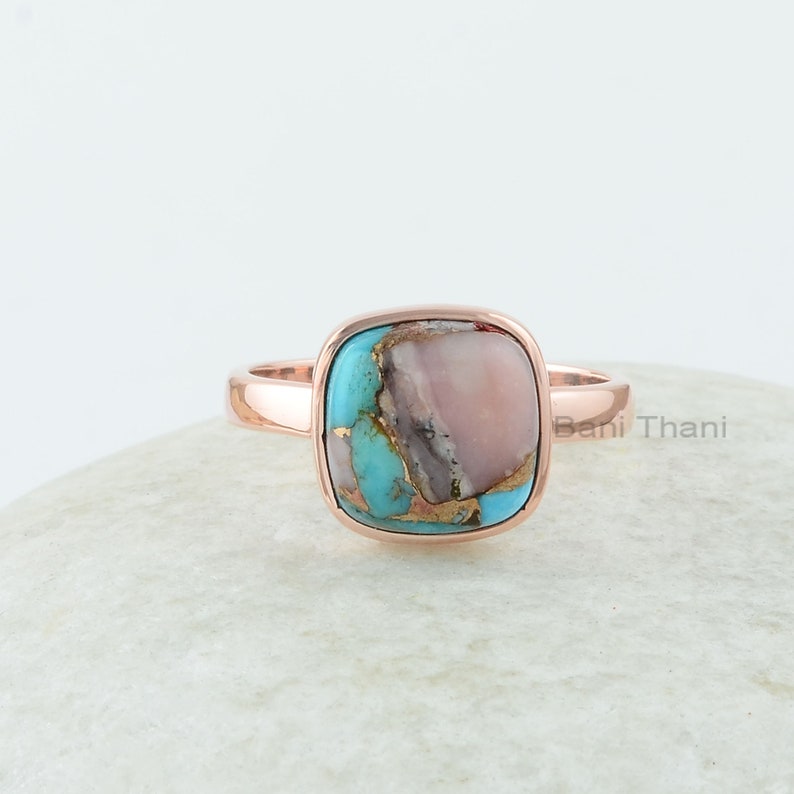 Turquoise Ring 925 Silver Pink Opal Copper Turquoise Cushion Ring Rose Gold Plated Ring Sterling Silver Ring, Mojave Turquoise Ring image 1