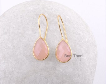 Chalcedony Earring, Pink Chalcedony 10x15mm Pear Gemstone Earring, Micron Gold Plated Pink Dangle Earring 925 Gold Filled  Dangle Earring